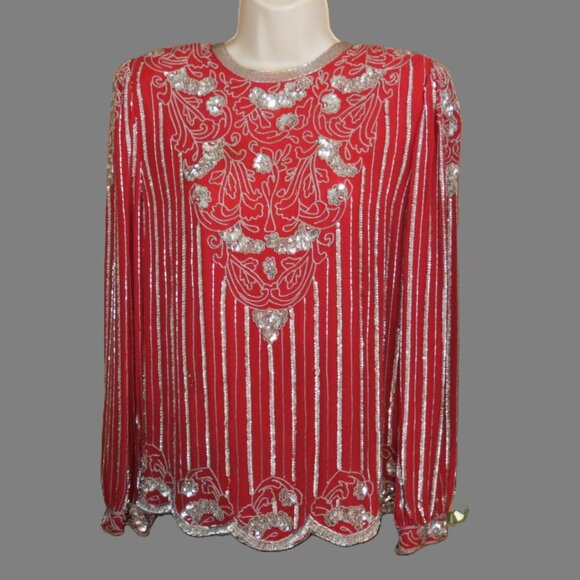 VTG Neiman Marcus Red Top Silver Sequins & Beading Silk Size Med Flaw - Picture 1 of 11